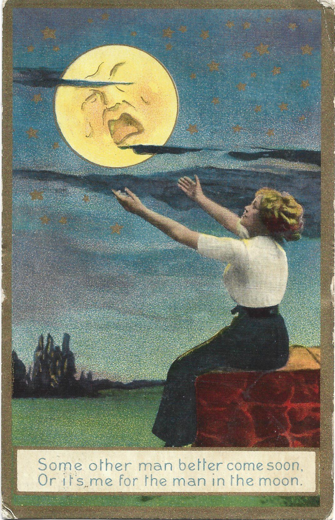 Some Other Man Better Come Soon Gilt Edge Moon Postcard