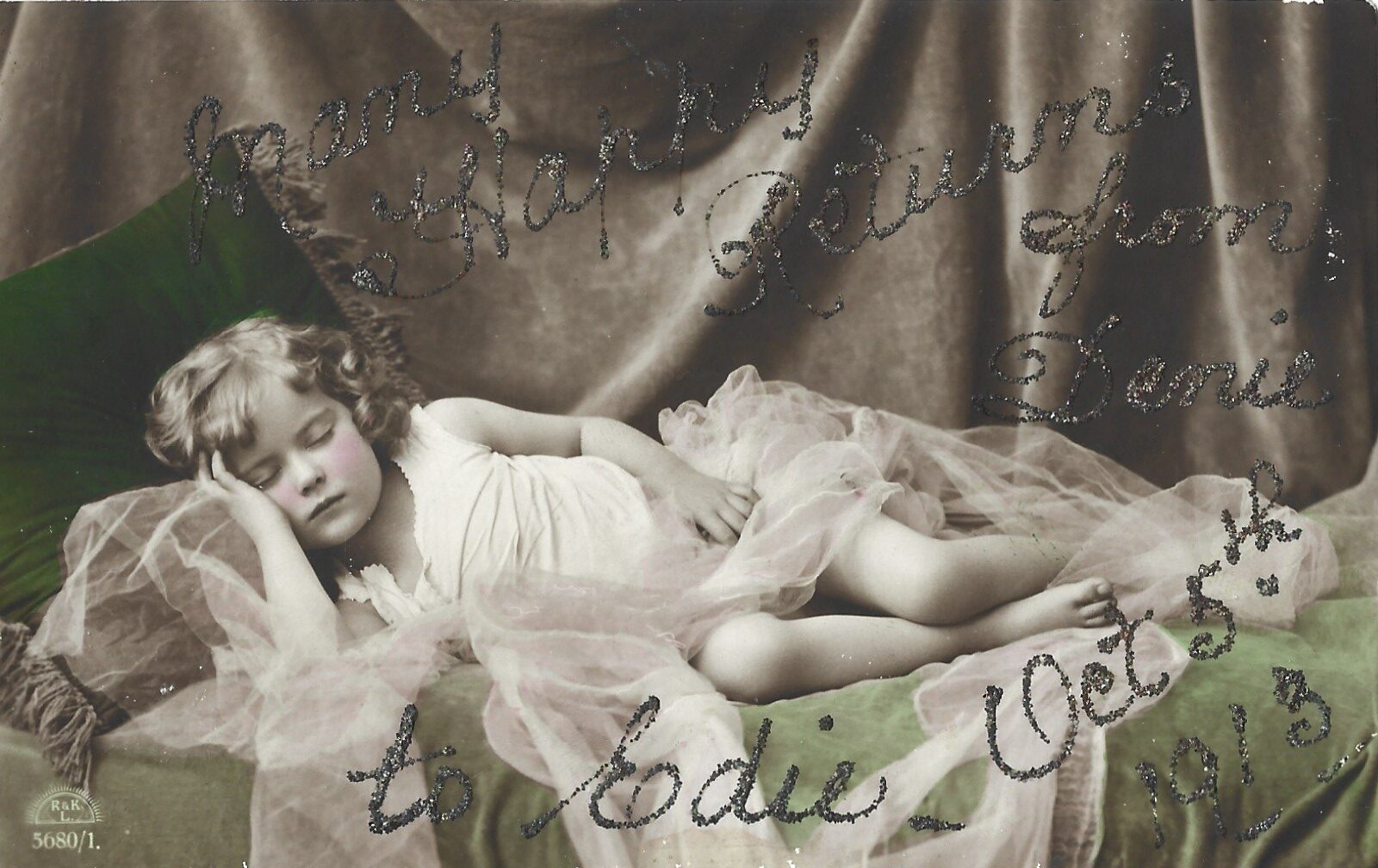 Many Happy Returns Mica Glitter Postcard 1913