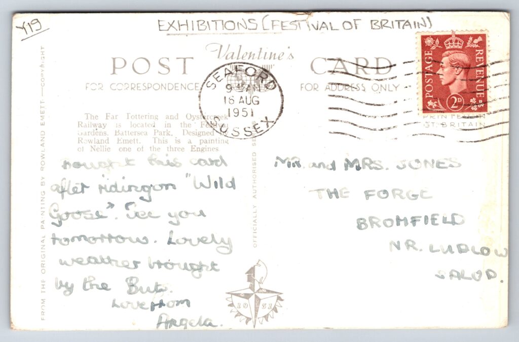 Rowland Emett Festival of Britain postcard back
