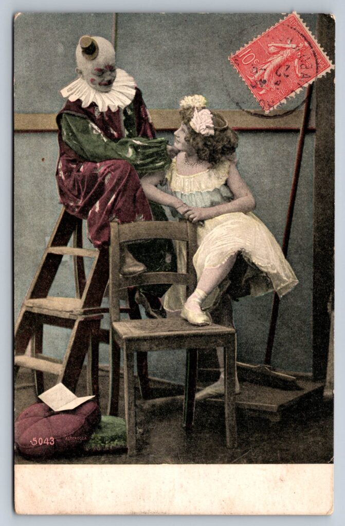Pierrot Theatrical Vintage Postcard Hand Tinted Clown and Little Girl