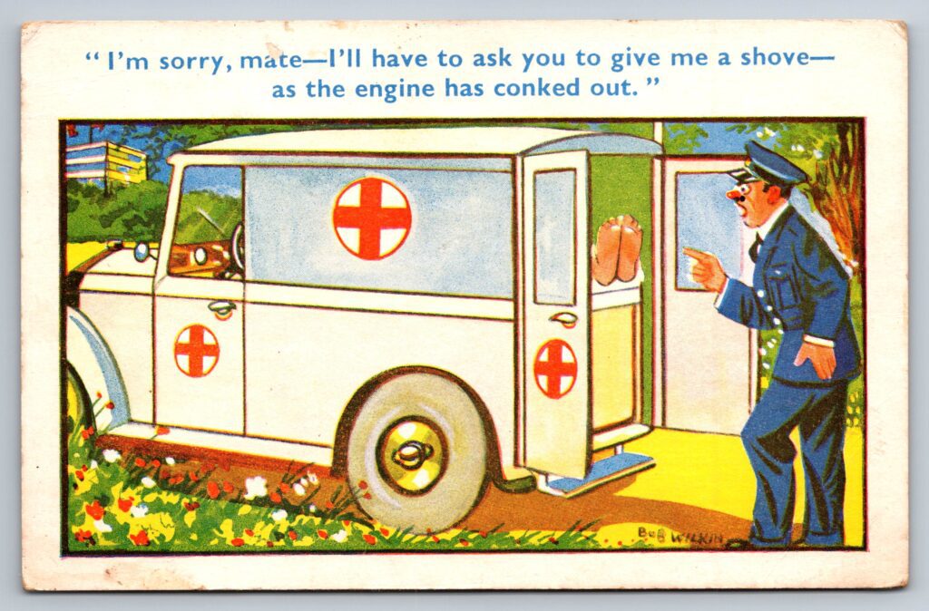 Red Cross Ambulance Humour Postcard – Mid‑Century Comic Illustration