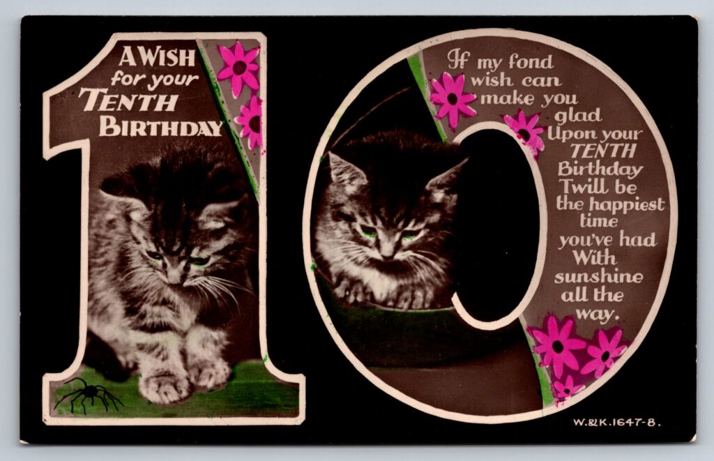 Vintage 10th Birthday Postcard Featuring Kittens – W. & K. No. 1647-8