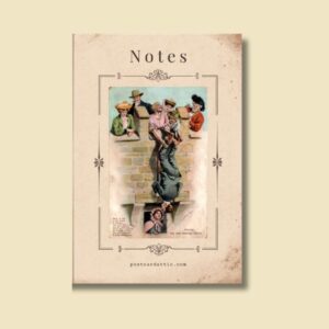 A quirky 6×9 notebook featuring a scanned vintage Blarney Stone humour postcard, with cream paper and a namepage.
