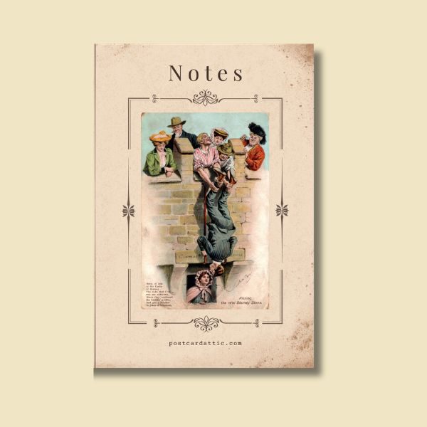 A quirky 6×9 notebook featuring a scanned vintage Blarney Stone humour postcard, with cream paper and a namepage.